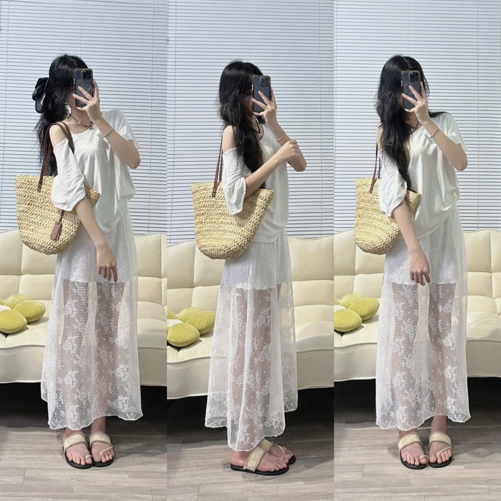 Chân váy maxi ren dáng chữ A dài cạp chun hoạ tiết ren hoa siêu hot