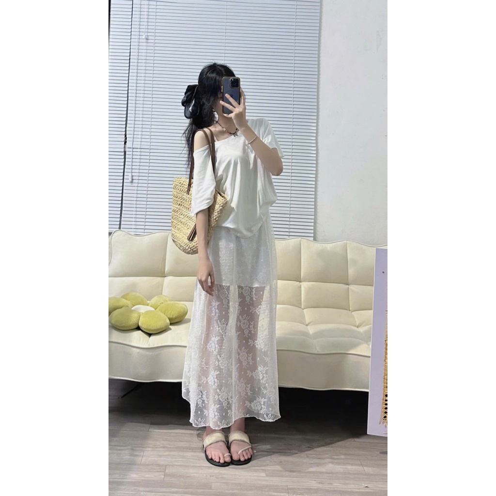 Chân váy maxi ren dáng chữ A dài cạp chun hoạ tiết ren hoa siêu hot
