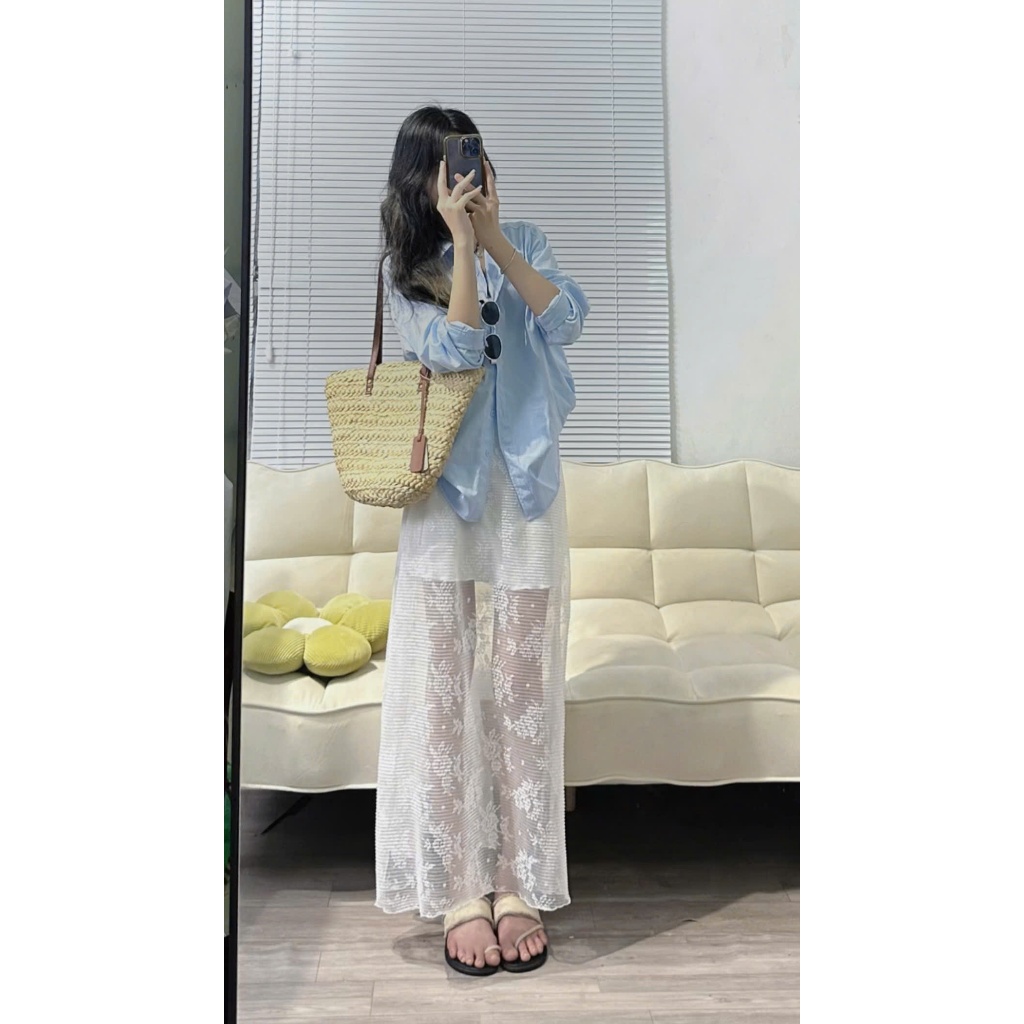 Chân váy maxi ren dáng chữ A dài cạp chun hoạ tiết ren hoa siêu hot