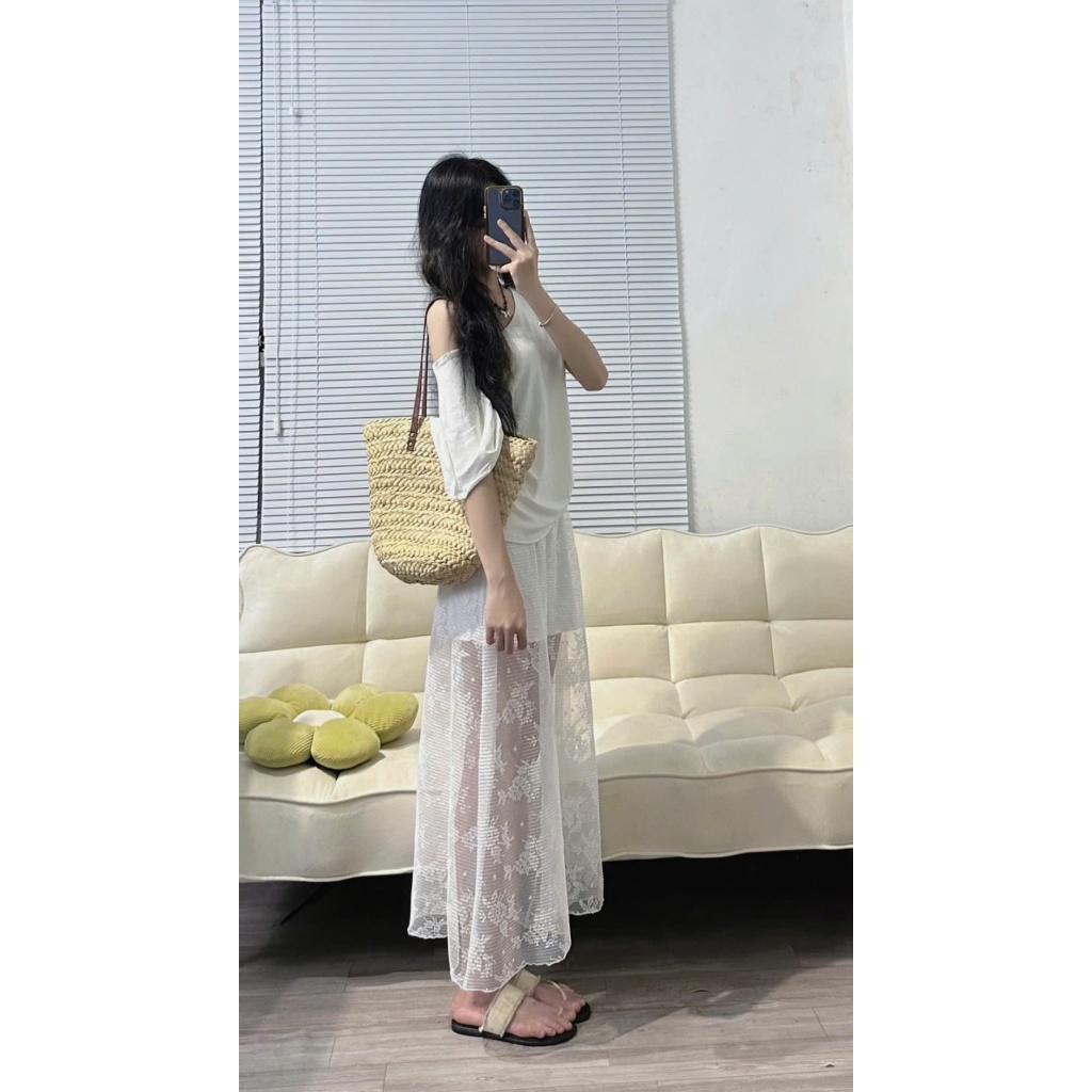 Chân váy maxi ren dáng chữ A dài cạp chun hoạ tiết ren hoa siêu hot