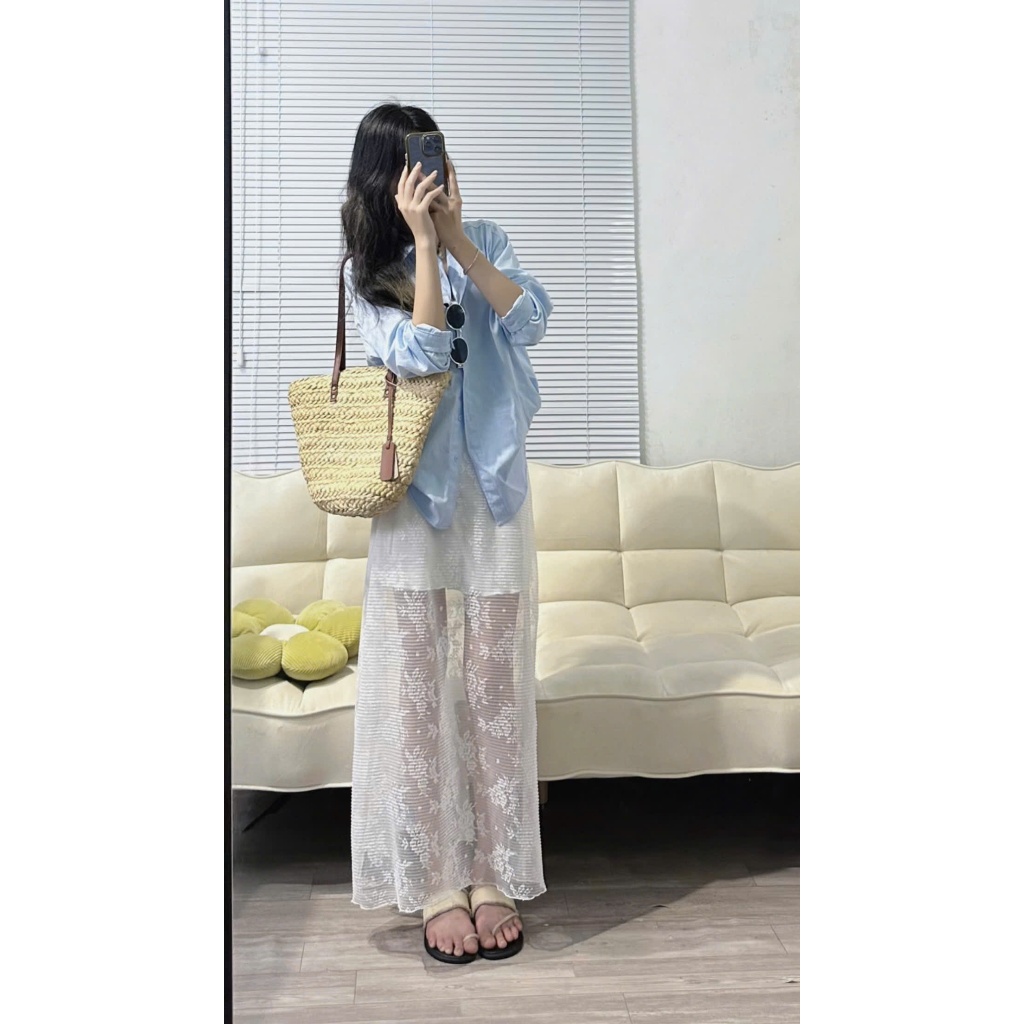 Chân váy maxi ren dáng chữ A dài cạp chun hoạ tiết ren hoa siêu hot
