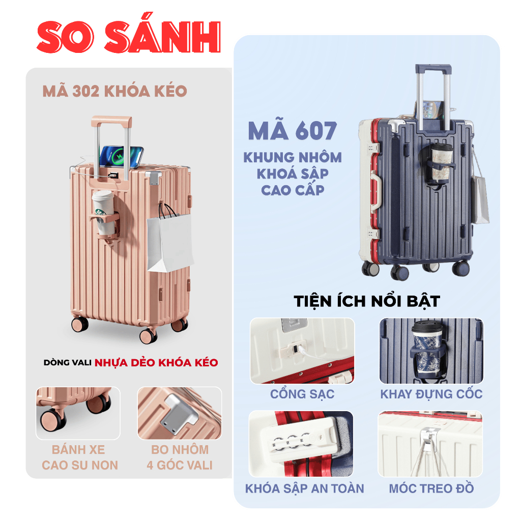Vali Du Lịch Kingsun 607/302 Size 20/24/28 cao cấp cổng sạc USB khay đựng cốc Cao Cấp Bảo Hành 5 Năm