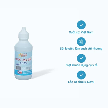 Nước Oxy già 3% Vĩnh Phúc giúp sát khuẩn vết thương (lốc 10 chai x60ml)