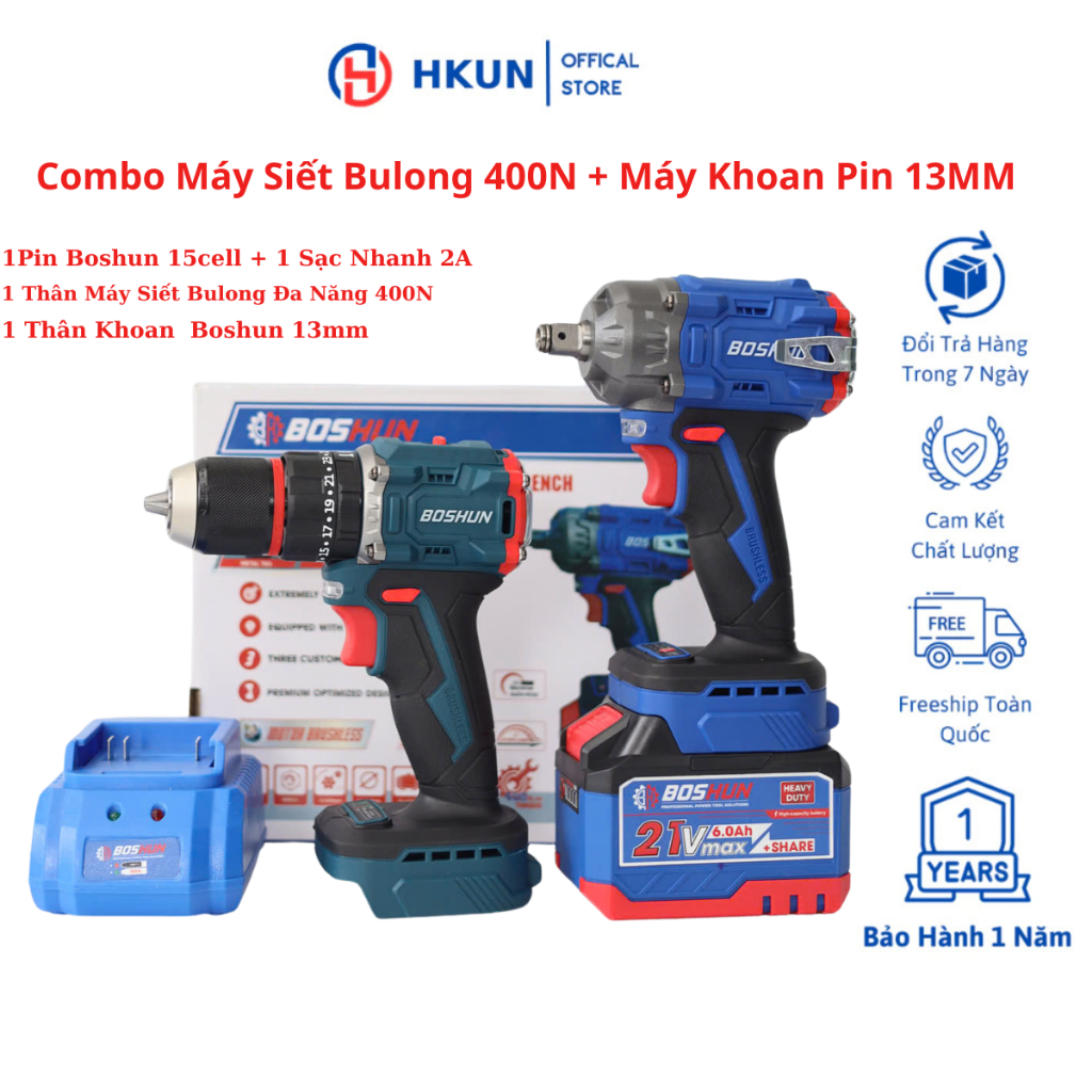Combo Máy Siết Bulong 400Nm Và Máy Khoan Pin 13mm Boshun Động Cơ Không Chổi Than Lõi Đồng