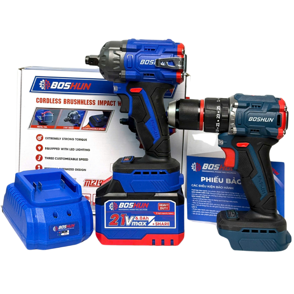 Combo Máy Siết Bulong 400Nm Và Máy Khoan Pin 13mm Boshun Động Cơ Không Chổi Than Lõi Đồng