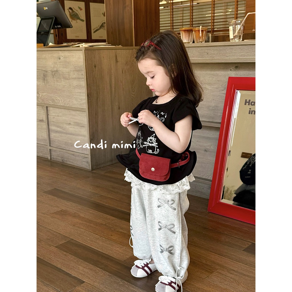 CANDI MIMI Áo cotton xám nhạt đính nơ ngắn tay gấu xoè - Phong cách Hàn Quốc