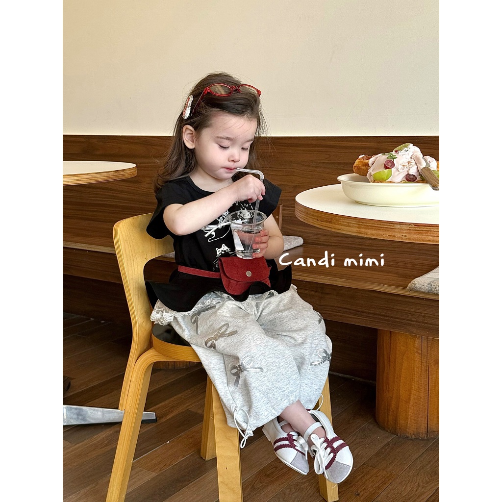 CANDI MIMI Áo cotton xám nhạt đính nơ ngắn tay gấu xoè - Phong cách Hàn Quốc