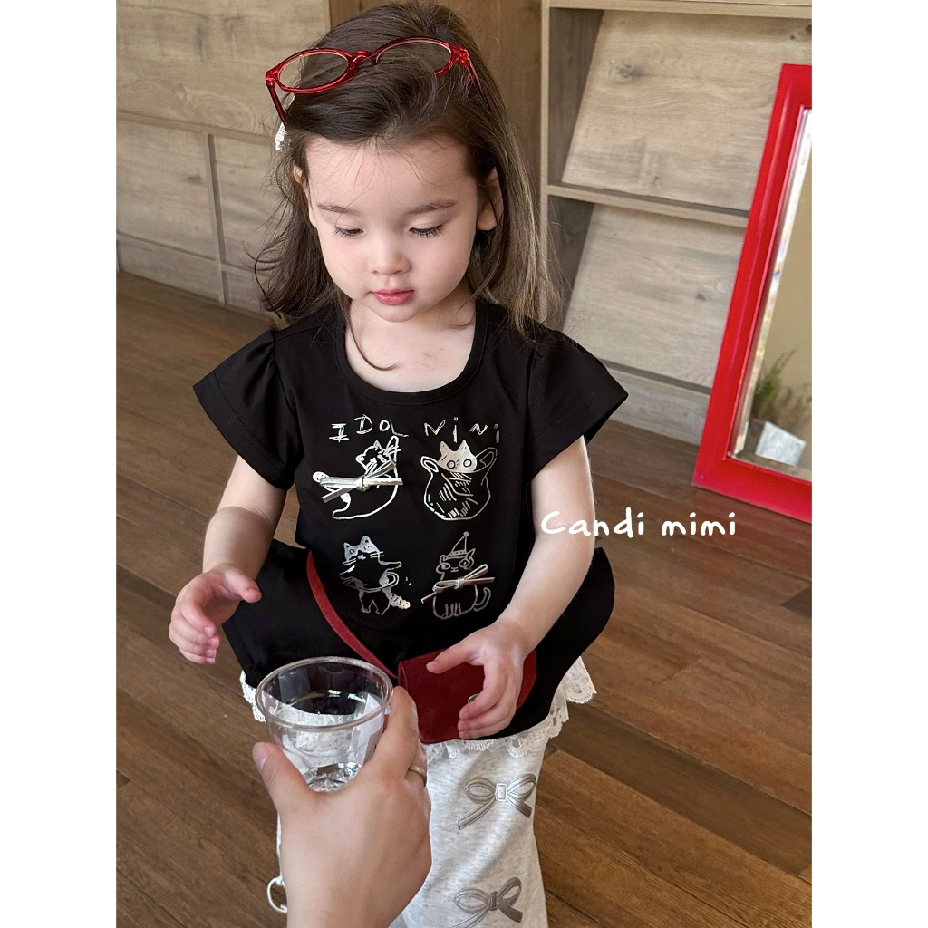 CANDI MIMI Áo cotton xám nhạt đính nơ ngắn tay gấu xoè - Phong cách Hàn Quốc