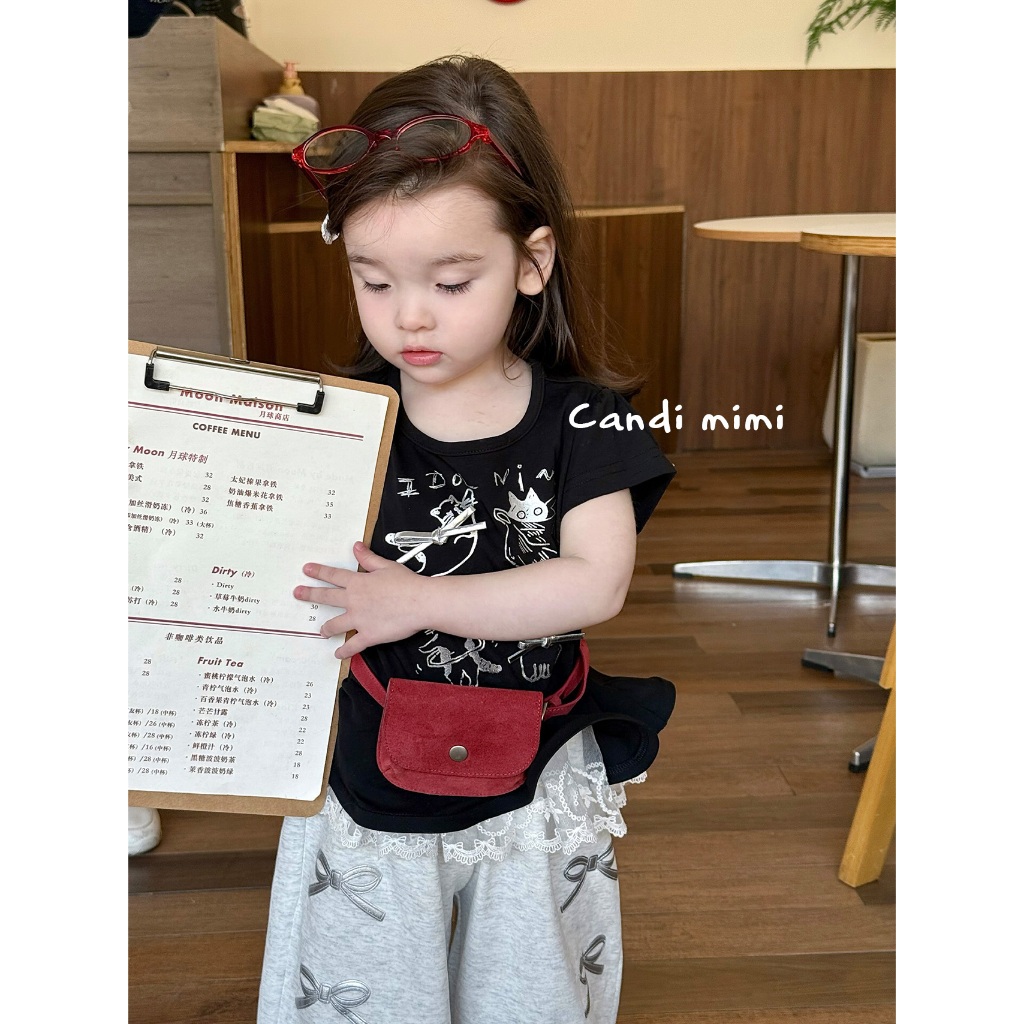 CANDI MIMI Áo cotton xám nhạt đính nơ ngắn tay gấu xoè - Phong cách Hàn Quốc
