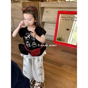 CANDI MIMI Áo cotton xám nhạt đính nơ ngắn tay gấu xoè - Phong cách Hàn Quốc