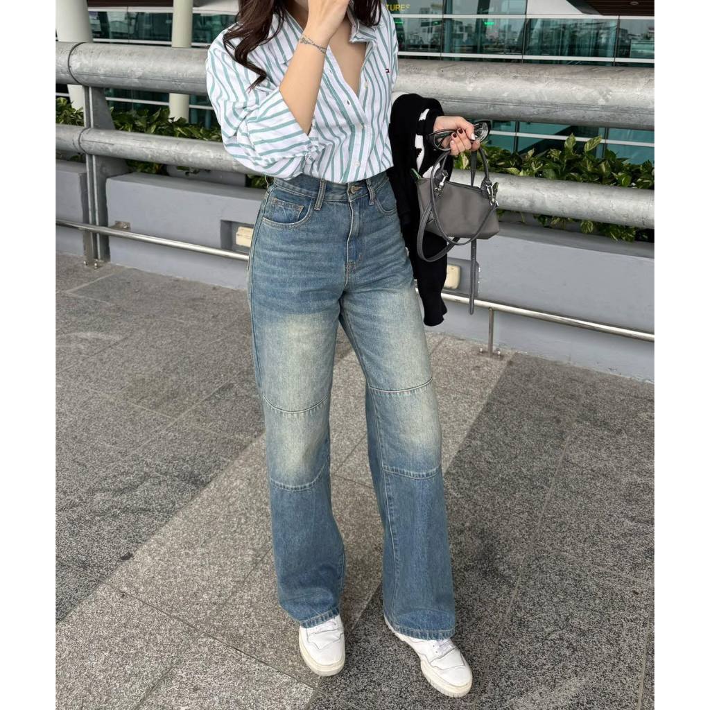 MIDDUA - JN198 Suông jean viền gân kiểu 2 đường