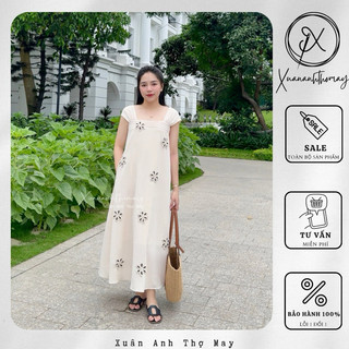 Váy sát nách đính hoa vải đũi nhật - Xuananhthomay