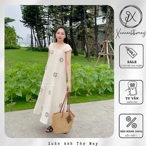 Váy sát nách đính hoa vải đũi nhật - Xuananhthomay