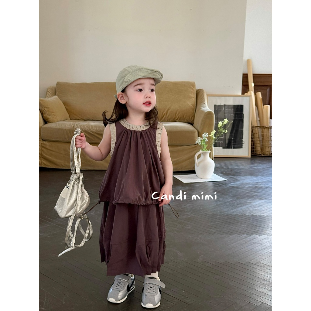 CANDI MIMI Set áo sát nách và chân váy dài tím đậm - Phong cách Hàn Quốc