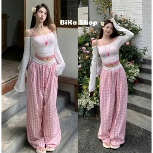 Quần ống rộng caro cạp trắng hót hít . Chất mặc mát. Đủ màu.(cr6)