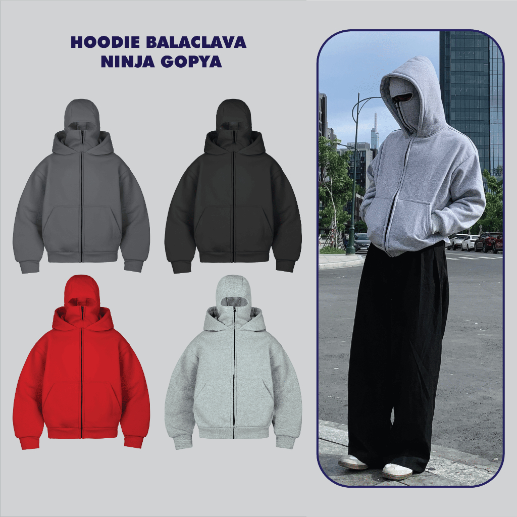 Áo Khoác Hoodie Zip Boxy Balaclava Ninja 2 mũ GOPYA, chất liệu nỉ bông, dày dặn, có túi trong, xỏ ngón, nón ninja