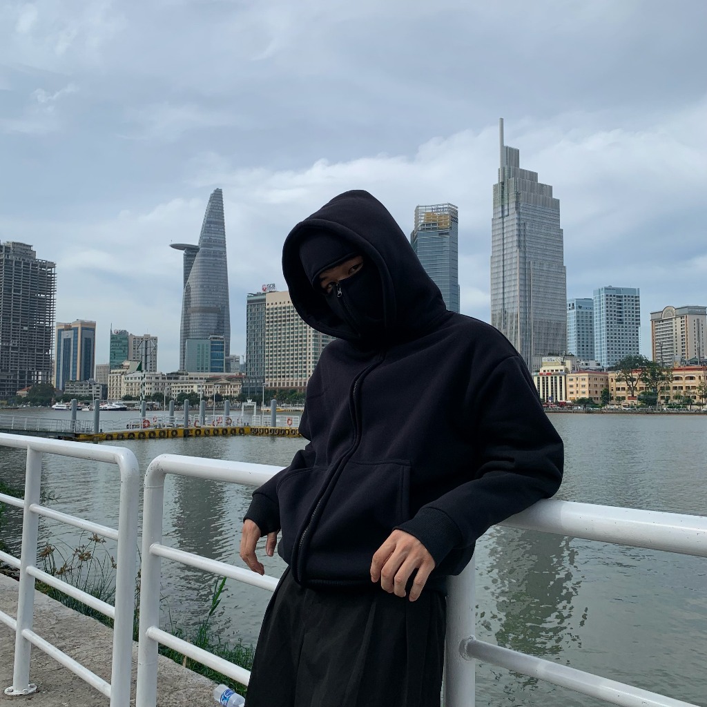 Áo Khoác Hoodie Zip Boxy Balaclava Ninja 2 mũ GOPYA, chất liệu nỉ bông, dày dặn, có túi trong, xỏ ngón, nón ninja | BigBuy360 - bigbuy360.vn