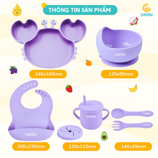 Set Ăn Dặm Silicone Coniu Khay Chống Đổ, Muỗng Nĩa, Cốc, Yếm, An Toàn, Tiện Lợi, Bền Đẹp