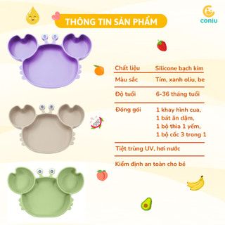 Set Ăn Dặm Silicone Coniu Khay Chống Đổ, Muỗng Nĩa, Cốc, Yếm, An Toàn, Tiện Lợi, Bền Đẹp