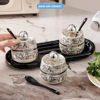 Hũ gia vị sứ MUEN STYLE cao cấp CÓ SẴN | Bộ gia vị 3 | 4 hũ kèm khay đựng và thìa phong cách Châu Âu