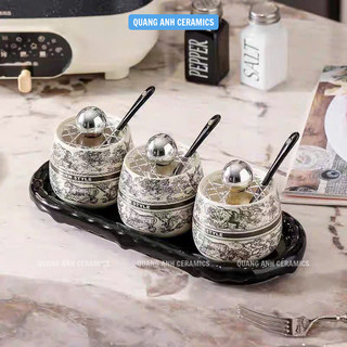 Hũ gia vị sứ MUEN STYLE cao cấp CÓ SẴN | Bộ gia vị 3 | 4 hũ kèm khay đựng và thìa phong cách Châu Âu