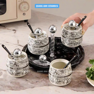 Hũ gia vị sứ MUEN STYLE cao cấp CÓ SẴN | Bộ gia vị 3 | 4 hũ kèm khay đựng và thìa phong cách Châu Âu