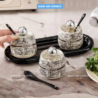 Hũ gia vị sứ MUEN STYLE cao cấp CÓ SẴN | Bộ gia vị 3 | 4 hũ kèm khay đựng và thìa phong cách Châu Âu