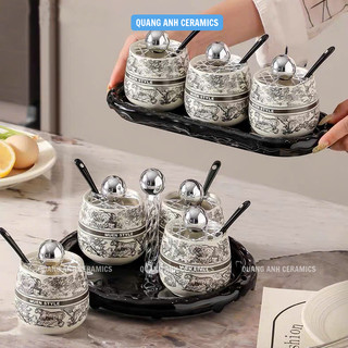 Hũ gia vị sứ MUEN STYLE cao cấp CÓ SẴN | Bộ gia vị 3 | 4 hũ kèm khay đựng và thìa phong cách Châu Âu