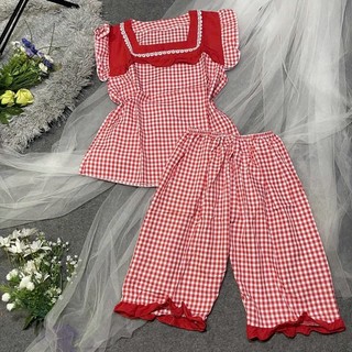 SET BỘ LỬNG MẶC NHÀ SỌC CARO SIÊU XINH CỔ VUÔNG PHỐI REN VẢI KATE LỤA MỀM MÁT FREESIZE 50KG