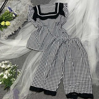 SET BỘ LỬNG MẶC NHÀ SỌC CARO SIÊU XINH CỔ VUÔNG PHỐI REN VẢI KATE LỤA MỀM MÁT FREESIZE 50KG