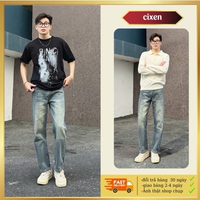 Quần jean nam ống suông màu Xanh wash xước phong cách basic Menswear Lưng cao, quần bò nam dài streetwwear đủ size S-XXL
