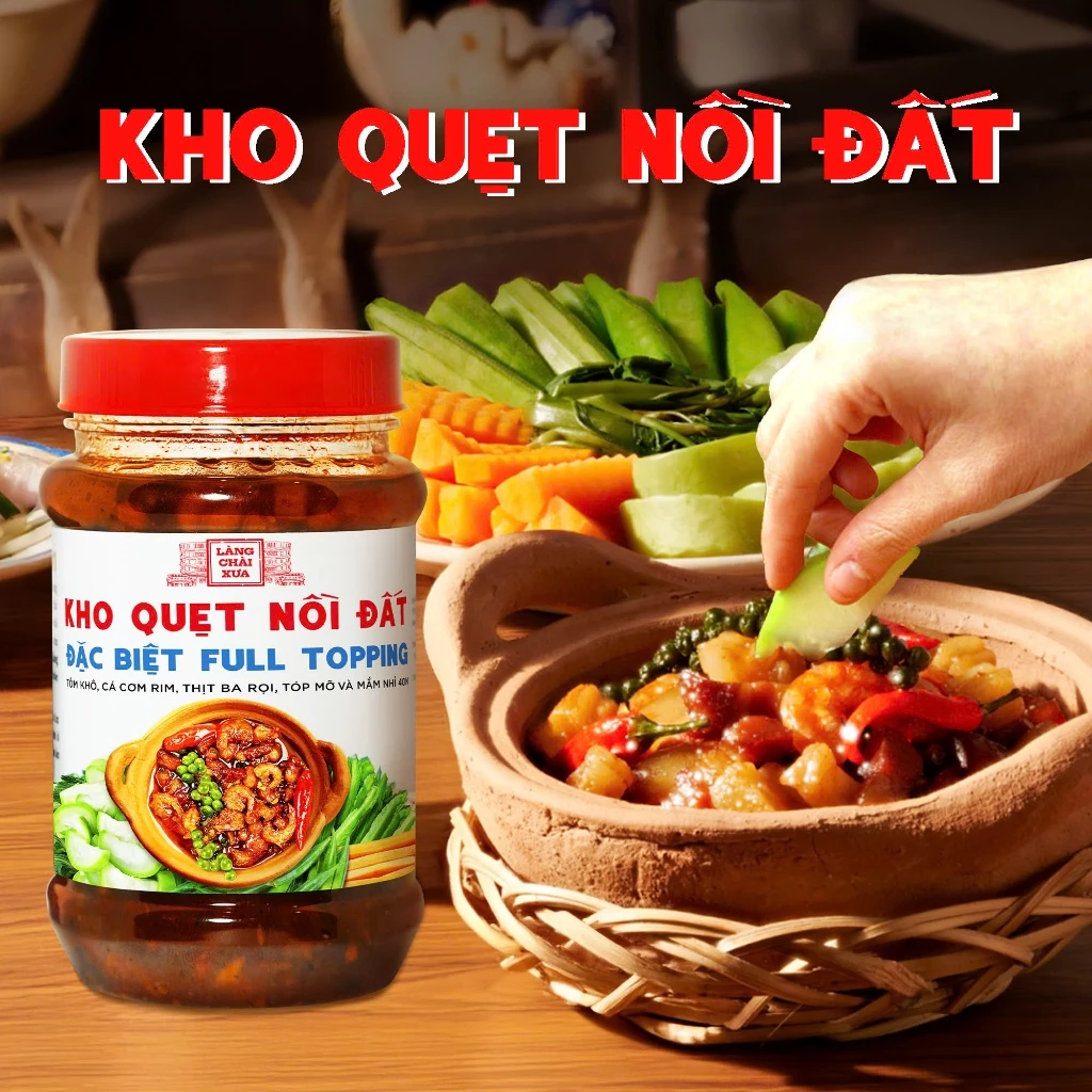 Kho quẹt nồi đất Làng Chài Xưa 250g thơm ngon đặc biệt full topping tôm khô, cá cơm rim, thịt ba rọi