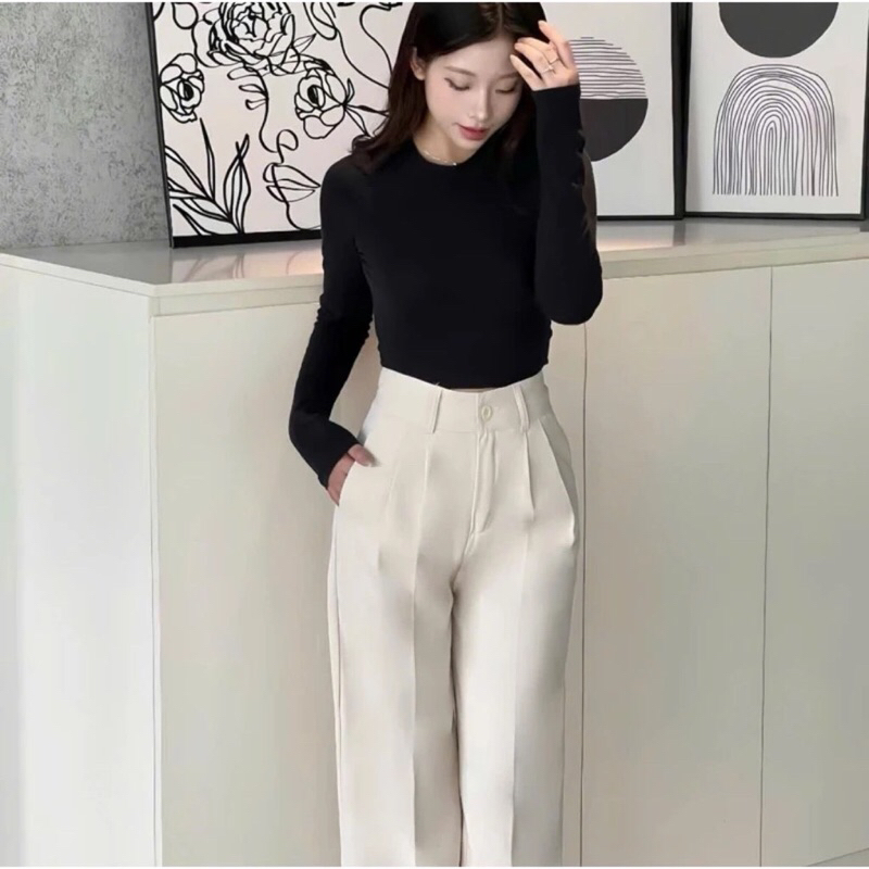 Quần Tây Ống Suông Nữ Lưng Cao 1 Khuy Chất Gold Nhật Mềm Rũ Tôn Dáng dài 97cm
