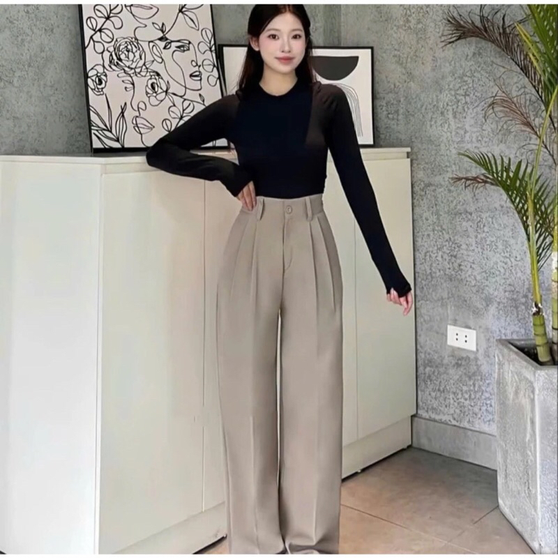 Quần Tây Ống Suông Nữ Lưng Cao 1 Khuy Chất Gold Nhật Mềm Rũ Tôn Dáng dài 97cm