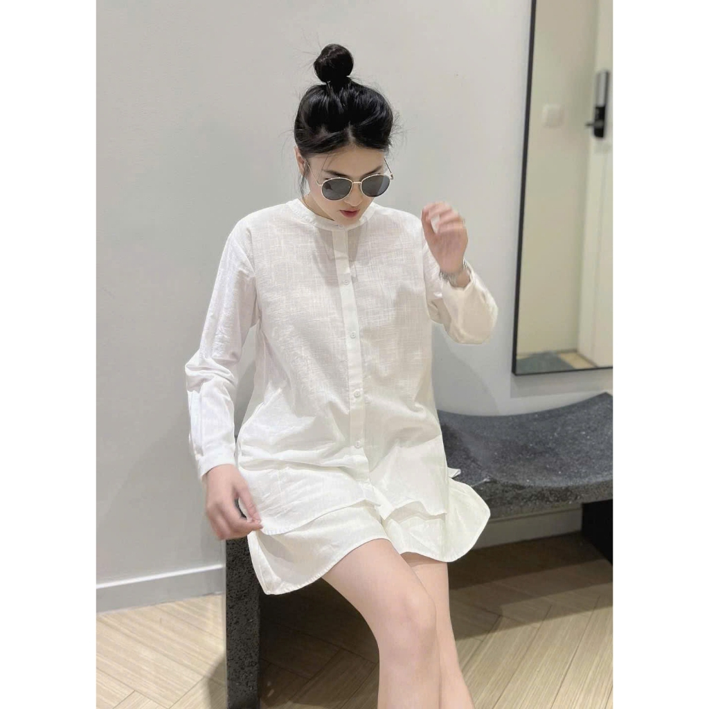 Set đồ nữ đẹp mặc đi biển, đi chơi, form dáng chuẩn gồm áo sơ mi cổ trụ mix chân váy xòe phồng.