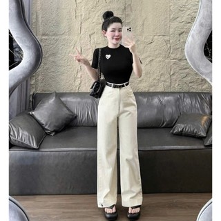 Set bộ thời trang Nữ thiết kế đơn giản dễ mặc áo thun in dáng croptop tay ngắn mix quần dài kaki ống đứng (KÈM ĐAI)