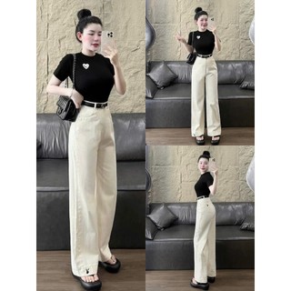 Set bộ thời trang Nữ thiết kế đơn giản dễ mặc áo thun in dáng croptop tay ngắn mix quần dài kaki ống đứng (KÈM ĐAI)