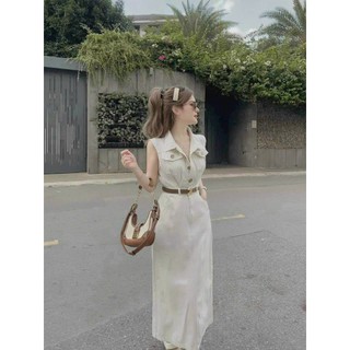 Đầm thời trang Nữ chất kaki cứng cáp dày dặn cổ sơ mi không tay có túi thiết kế dáng dài qua gối (KÈM ĐAI) có 2 màu