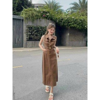 Đầm thời trang Nữ chất kaki cứng cáp dày dặn cổ sơ mi không tay có túi thiết kế dáng dài qua gối (KÈM ĐAI) có 2 màu