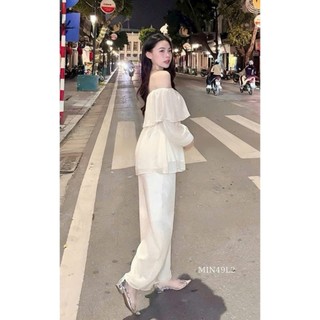 Set bộ đồ quần dài lưng chun co giản ống đứng mix áo trễ vai dài tay bo cổ tay thiết kế sang trọng sang chảnh