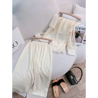 Set bộ đồ quần dài lưng chun co giản ống đứng mix áo trễ vai dài tay bo cổ tay thiết kế sang trọng sang chảnh