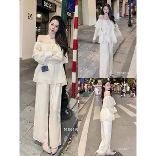 Set bộ đồ quần dài lưng chun co giản ống đứng mix áo trễ vai dài tay bo cổ tay thiết kế sang trọng sang chảnh