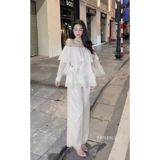 Set bộ đồ quần dài lưng chun co giản ống đứng mix áo trễ vai dài tay bo cổ tay thiết kế sang trọng sang chảnh
