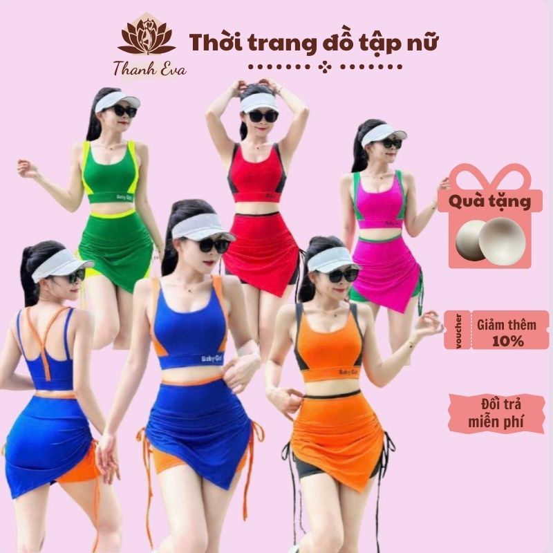 Bộ váy thể thao tập gym, yoga, aerobic, đi bơi .. Bv98 vạt váy chéo, phối màu siêu xinh