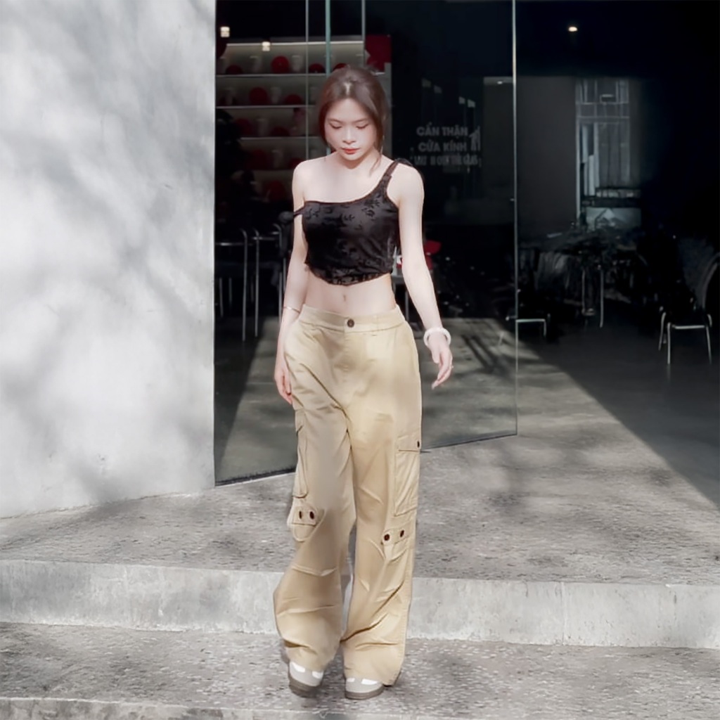 Ảnh Quần Cargo Nữ Kaki Túi Hộp Ống Rộng 100% Cotton Mềm | KQSTYLING WIDE 3