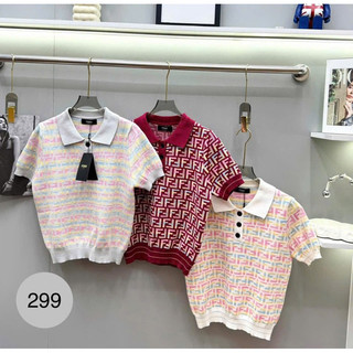Áo len nữ cổ bẻ cộc tay hoạ tiết chữ F sang trọng, len dệt kim mã 946