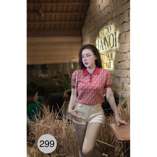 Áo len nữ cổ bẻ cộc tay hoạ tiết chữ F sang trọng, len dệt kim mã 946