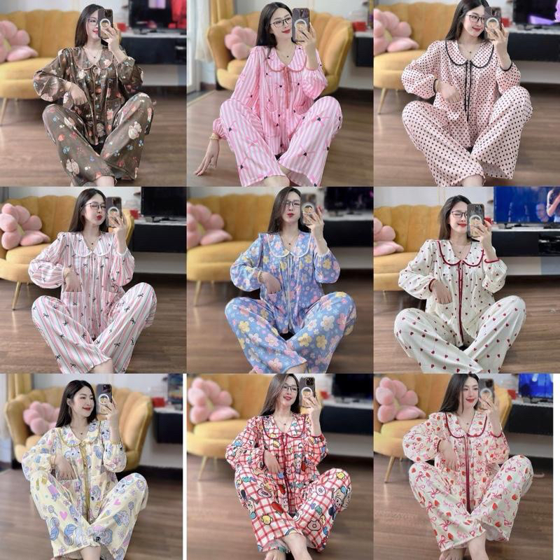 Bộ big sz pijama cổ SEN DÀI tay bo phồng tiểu thư  quần suông có túi Nữ, phom áo babydoll cổ sen gọn, 2 túi áo