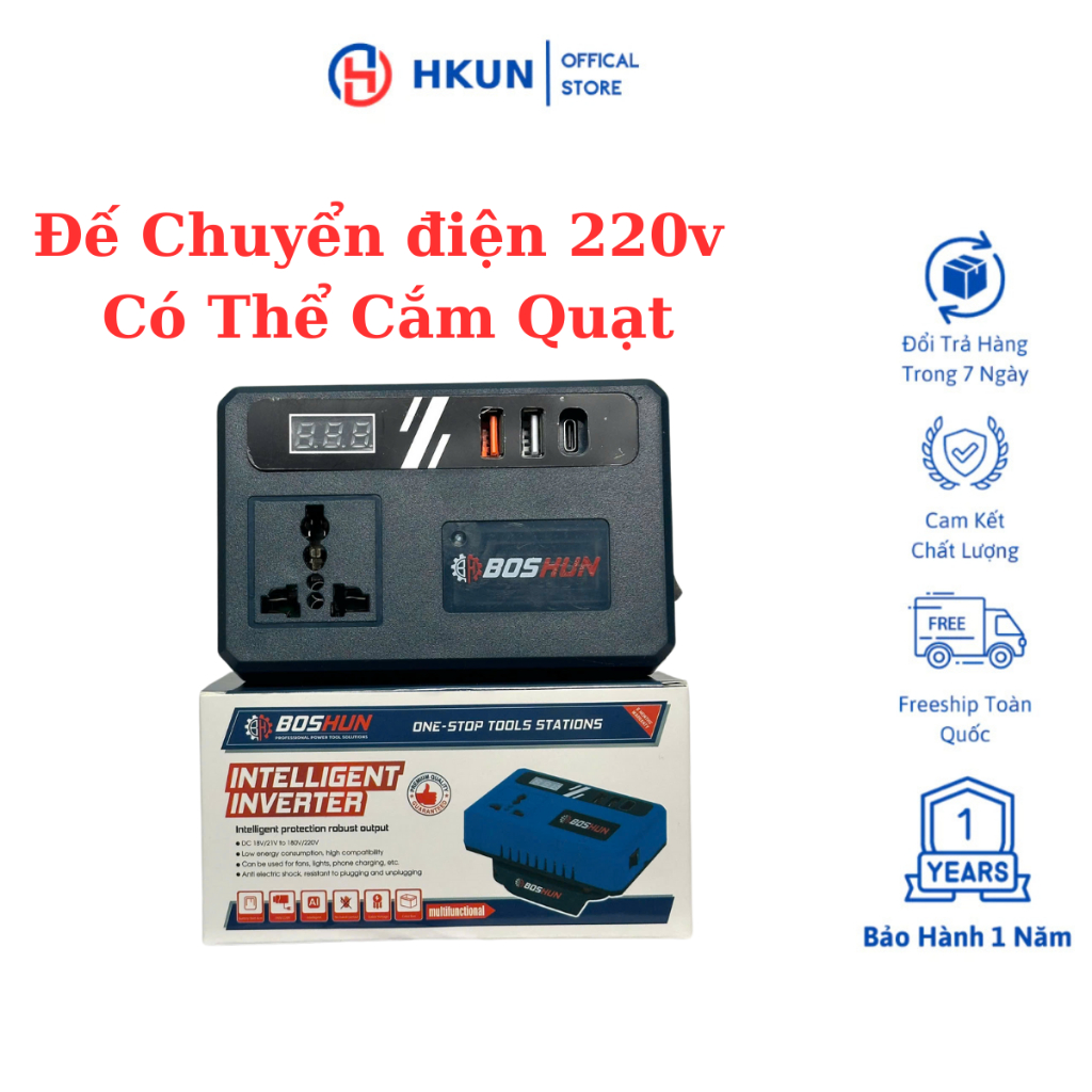 Đế Chuyển Đổi Nguồn Điện BOSHUN BS-CD220PRO Chuyển Từ Pin 21v Lên 110 - 220v, Chân Pin Phổ Thông 4cm