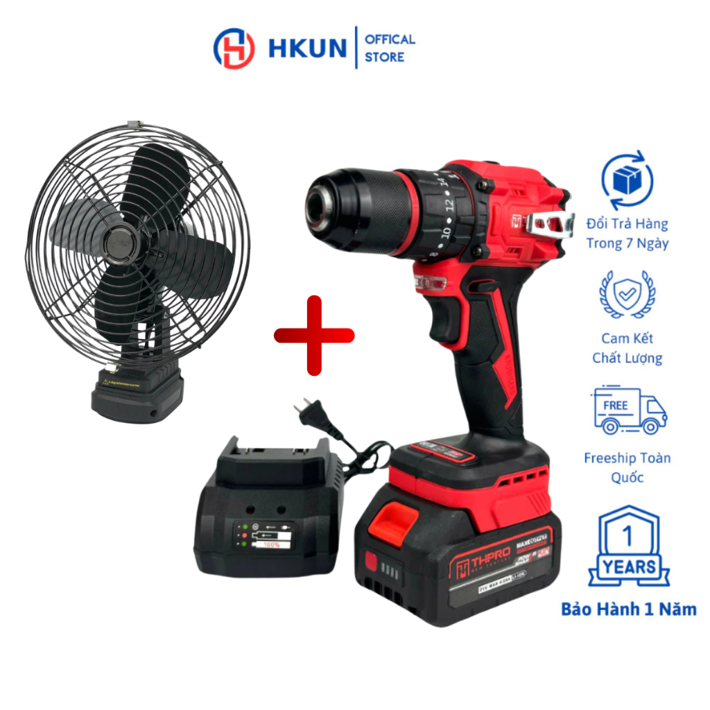 Combo Máy Khoan Pin THPRO TH7713 3 Chức Năng Đầu 13mm Autolock Động Cơ Không Chổi Than Chân Pin Phổ Thông Tặng Thân Quạt